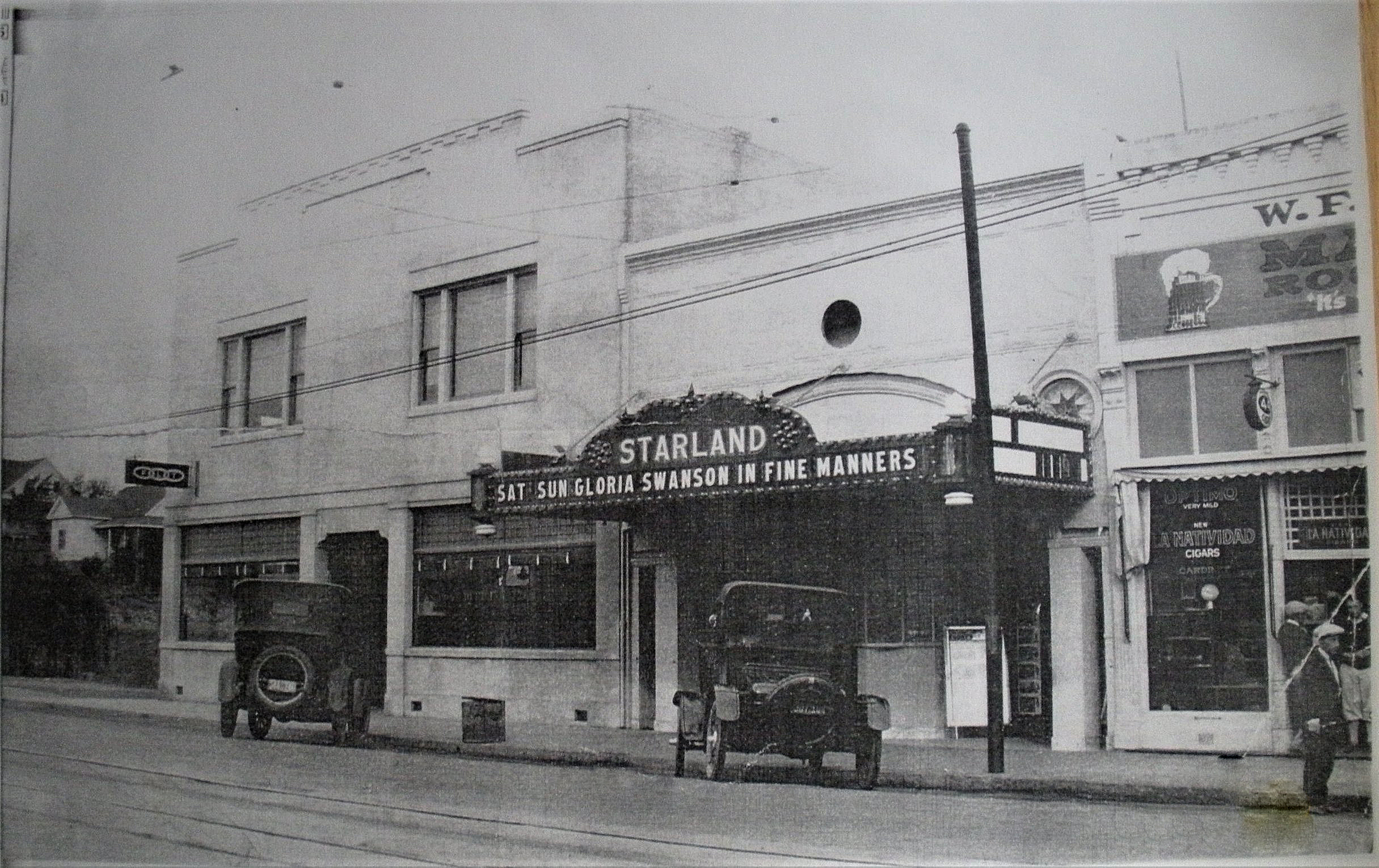 The Starland Theater, 175 North Main Street, Sebastopol built in 1911, owned by Albert Huntley. In 1930 it converted to Vistaphone sound, becoming the first full-time sound theater. It closed in 1932. The building on the left is the IOOF hall and on the right is (partial) W.F. Fore’s Central Cigar, circ. 1926.