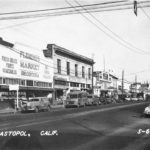 Business on North Main Street, Sebastopol circa 1940. Seen are Fleming’s Market, Metcalf Hardware, Stan’s Clothing Store, Appleton Bakery, Real Estate and Insurance office, Starr Furniture, Sprouse Reitz, and Rexall Drug Store.