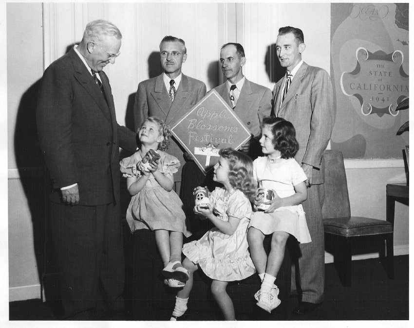 1951 Sebastopol Apple Blossom Princesses taken at the California State Capitol, Sacramento by McCurry Foto Co. Men from L-R: Earl Warren – Governor of California (VP nominee with Dewey in 1948 and later Chief Justice of the US Supreme Court), Curt Stange (Bank of Sonoma County), Harry Martin (Martin’s Nursery and Ed Herring (Best & Feaks Insurance). Young girls are L-R: Helen Inman, Kathleen Flaming, and Meredith Shelton. Unfortunately Kathleen and Meredith came down with Chicken Pox and were replaced with Peggy Osborn and Linda Miller. Helen Inman became Queen.