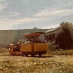 The Green Valley Railroad’s passenger car with people riding, being pulled by a 5 ton Plymouth on tracks installed by the Green Valley Railroad Corporation. The building behind the train is a wine storage house located on Packing House Road. Photo courtesy of Connie Graeber circ. 1972.