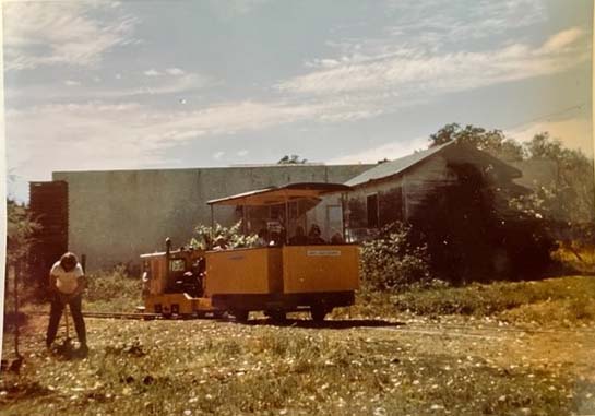 The Green Valley Railroad’s passenger car with people riding, being pulled by a 5 ton Plymouth on tracks installed by the Green Valley Railroad Corporation. The building behind the train is a wine storage house located on Packing House Road. Photo courtesy of Connie Graeber circ. 1972.