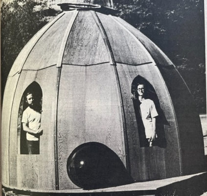 A 1972 Sebastopol Times newspaper photo clipping of a redwood ‘pod’ dwelling, built by Paul and Bruce Paddock of Living Spaces.